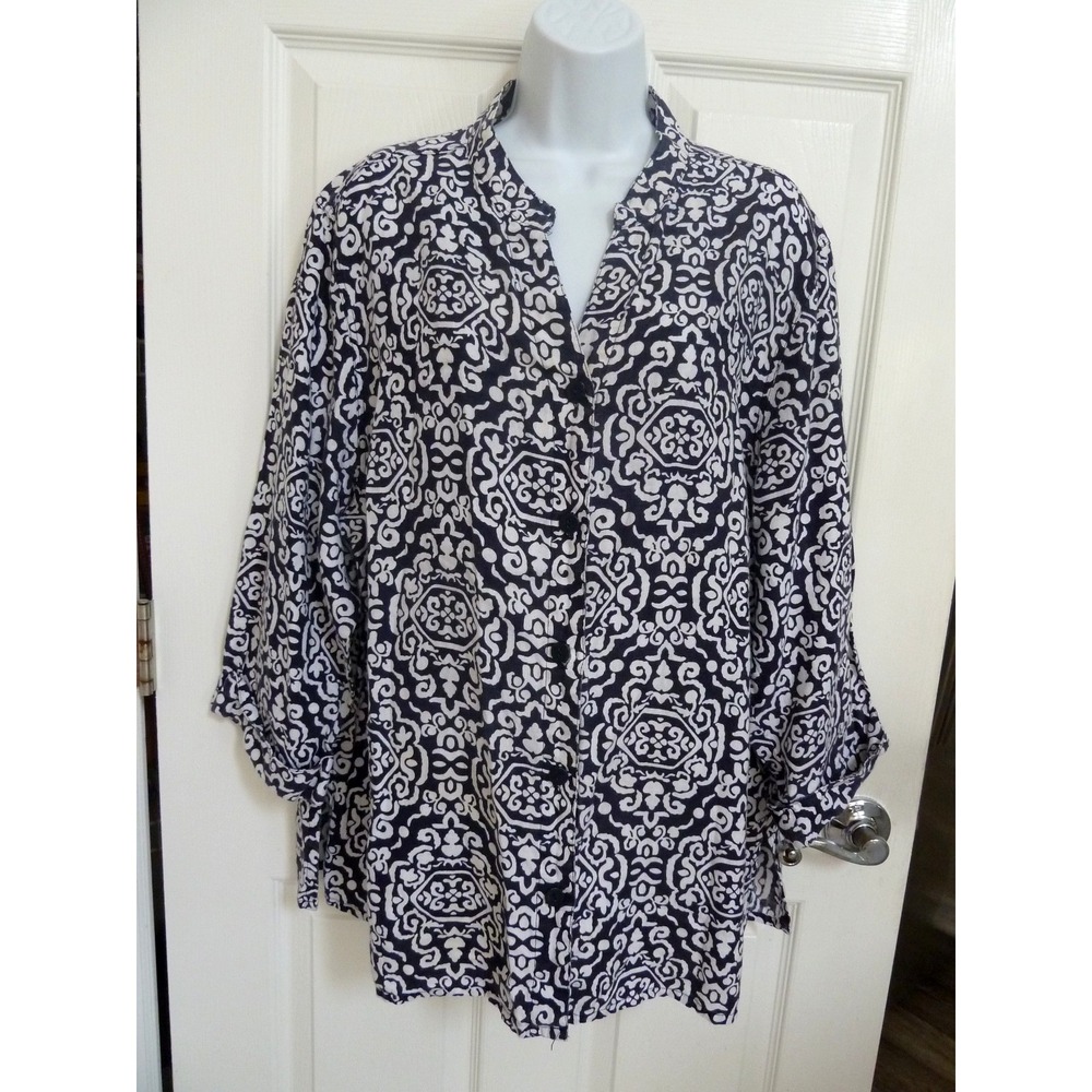 CAROLE LITTLE WOMAN Sz 2X LINEN Blouse Button Up V-Neck Cuffed Lagenlook
